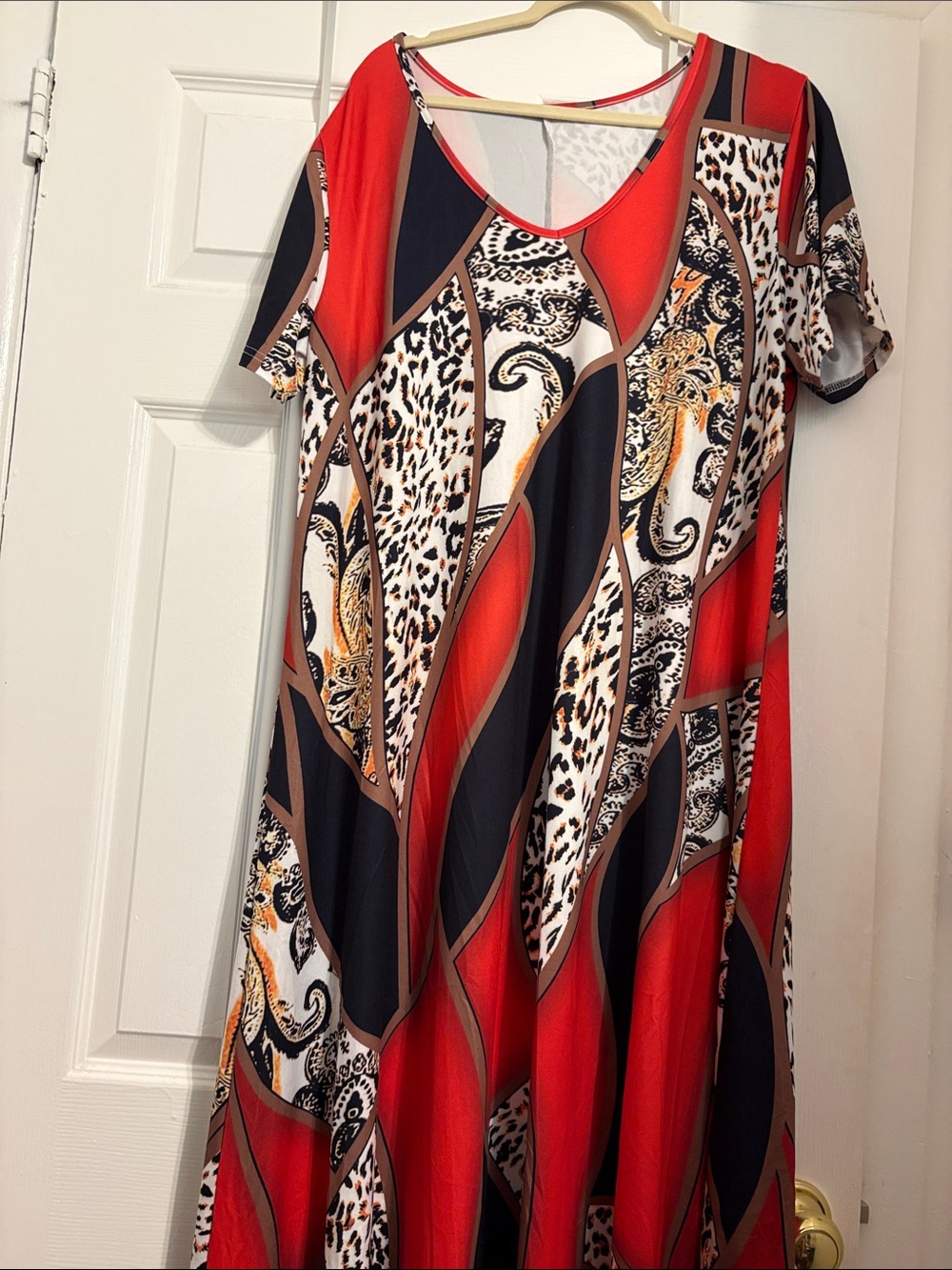 Red & Black Printed Maxi Dress with Animal and Paisley Panels Size 2X PtP 25 -27